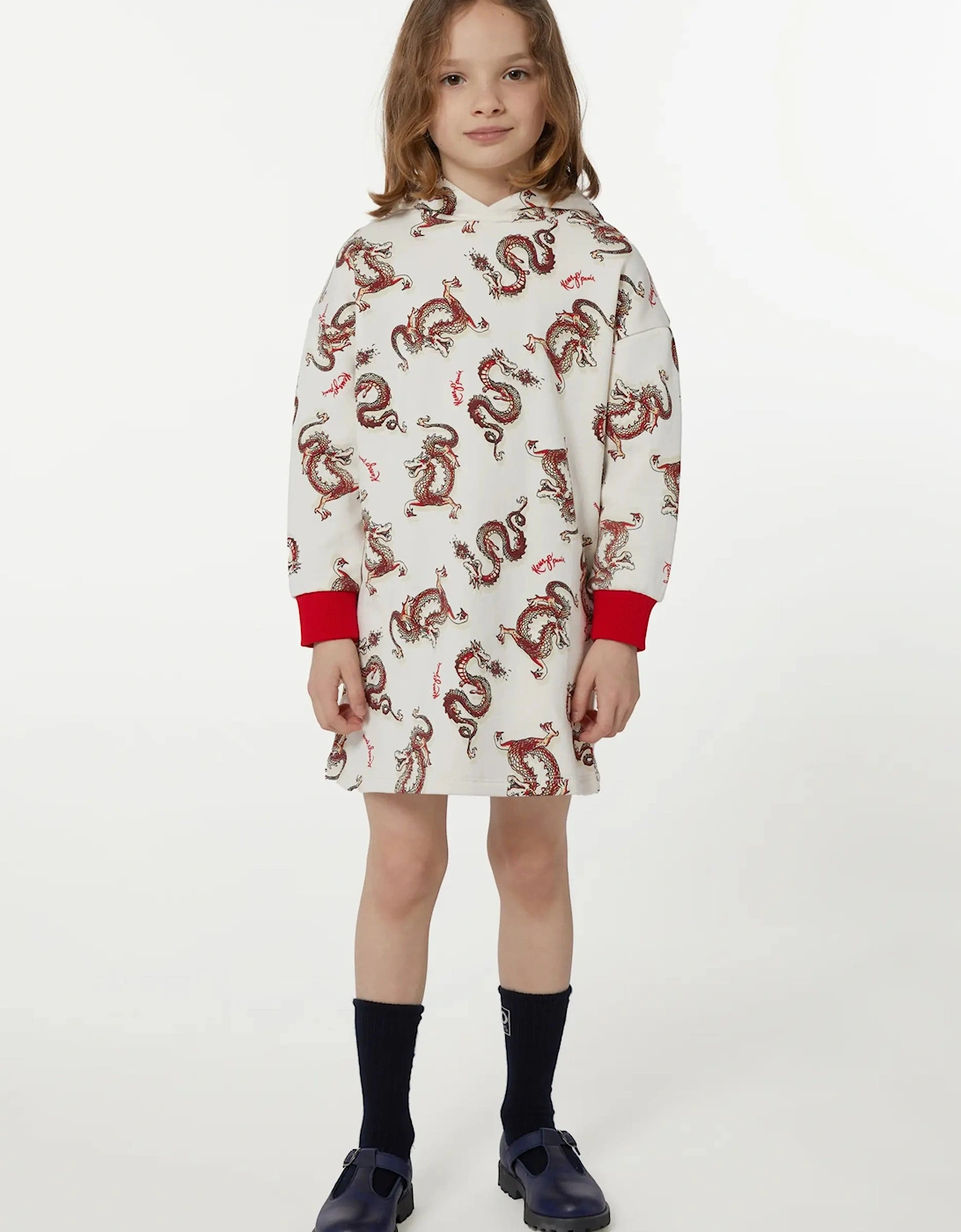 Girls Hooded Dragon Dress in Ivory