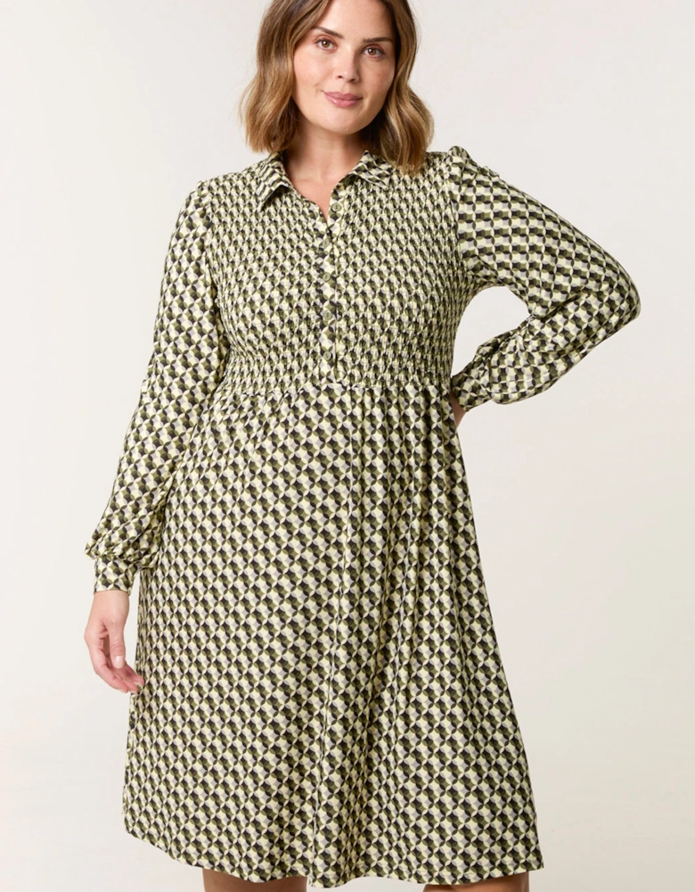 Green Curve Shirred Geometric Mini Shirt Dress