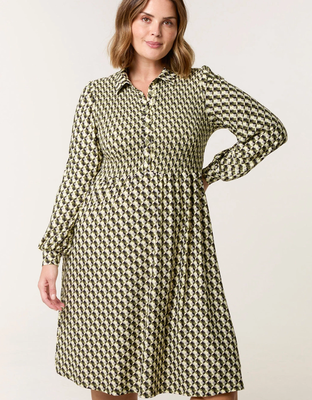 Green Curve Shirred Geometric Mini Shirt Dress, 2 of 1