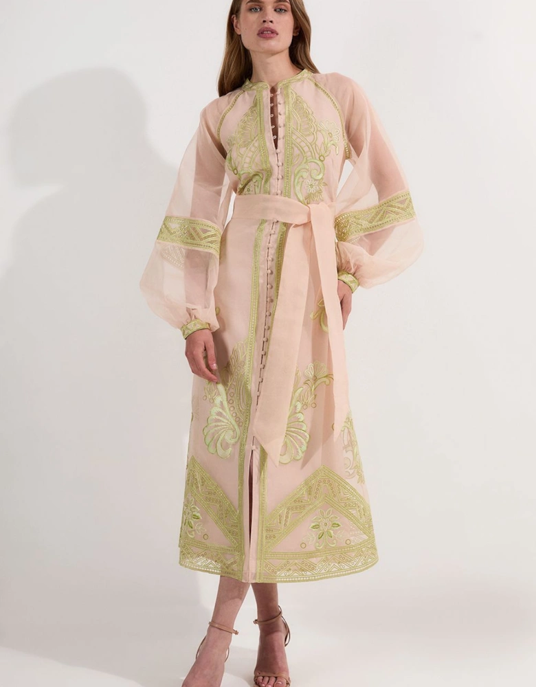 Embroidered Organdie Balloon Sleeve Woven Maxi Dress