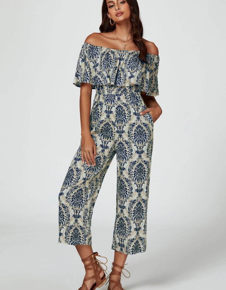 Off The Shoulder Print Frill Jumpsuit In Navy