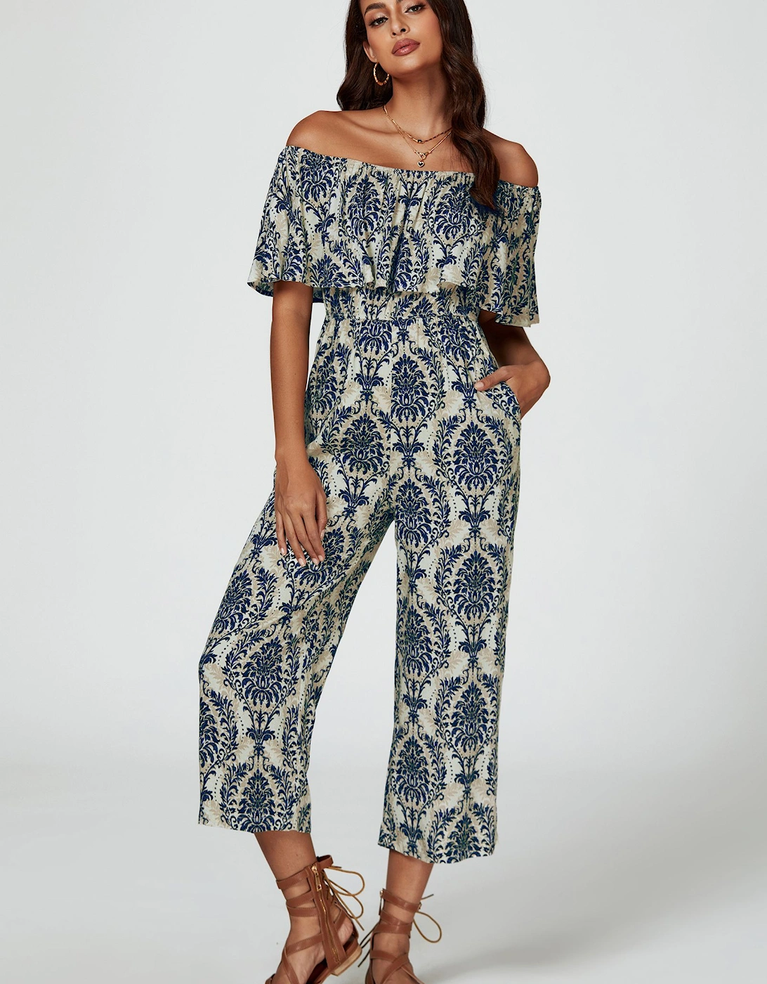 Off The Shoulder Print Frill Jumpsuit In Navy, 2 of 1