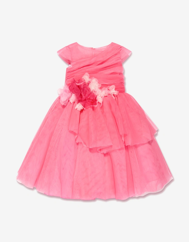 Girls Draped Bodice Flower Embellished Tulle Gown in Pink