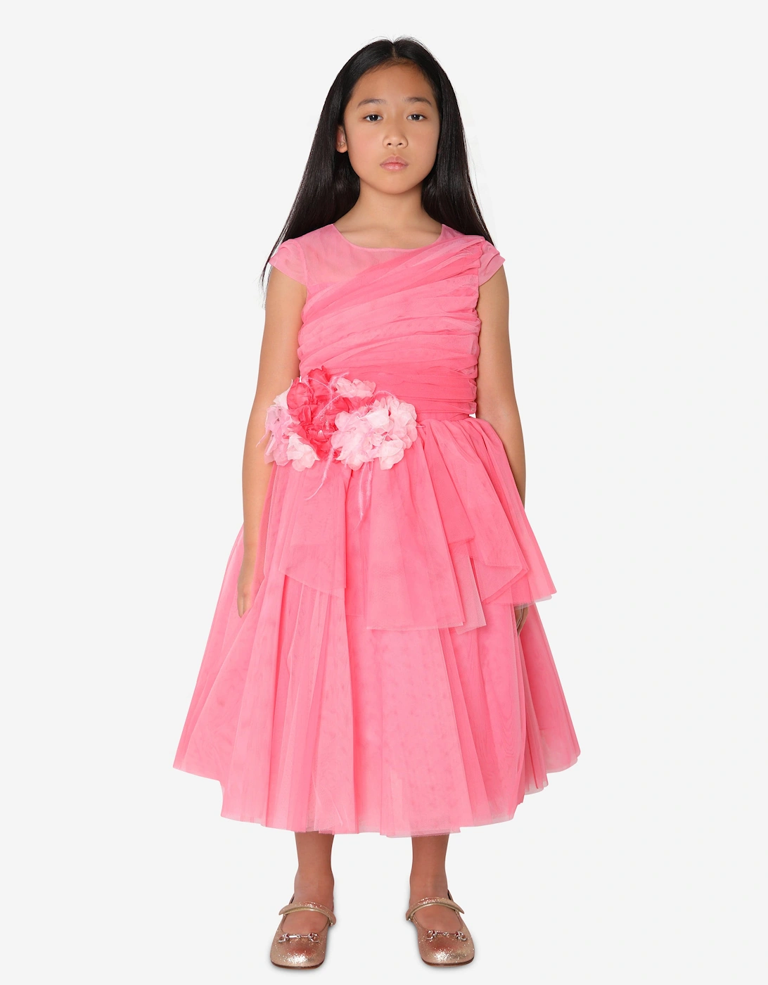 Girls Draped Bodice Flower Embellished Tulle Gown in Pink