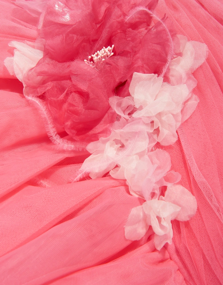 Girls Draped Bodice Flower Embellished Tulle Gown in Pink