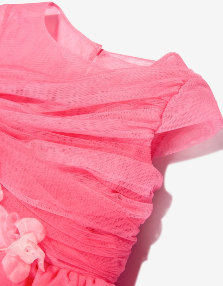 Girls Draped Bodice Flower Embellished Tulle Gown in Pink