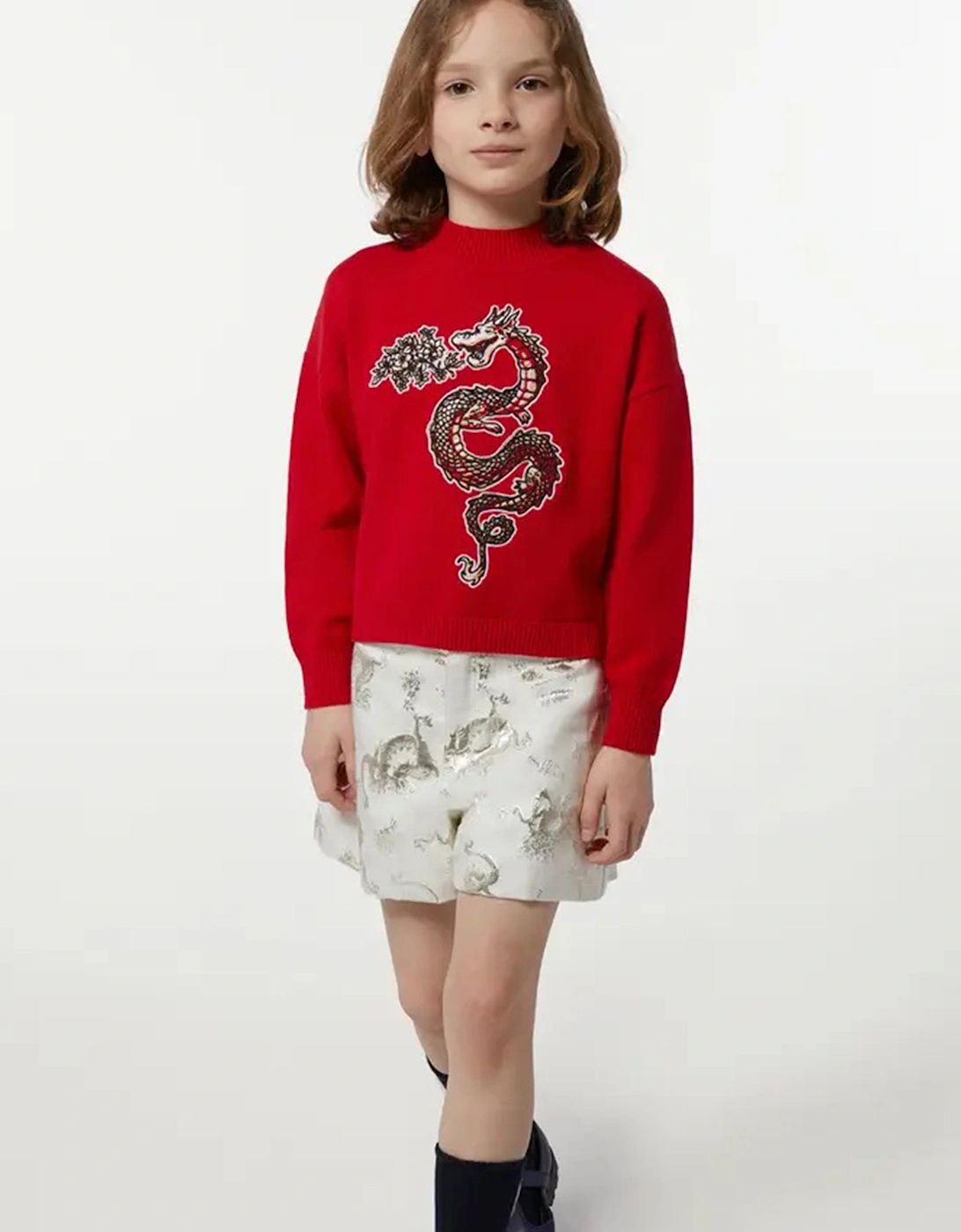 Girls Mettallic Dragon Print Shorts in Ivory