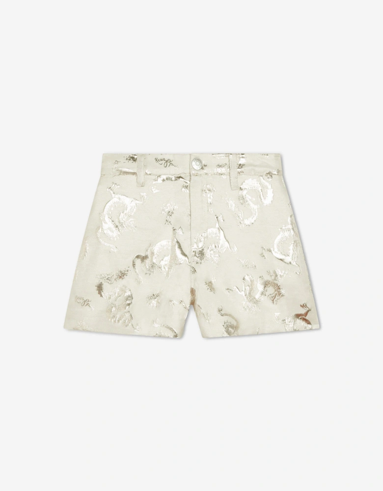 Girls Mettallic Dragon Print Shorts in Ivory