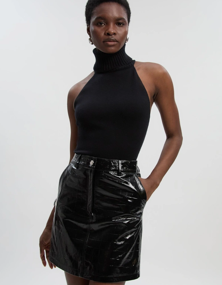 High Shine Croc Embossed Leather Mini Skirt