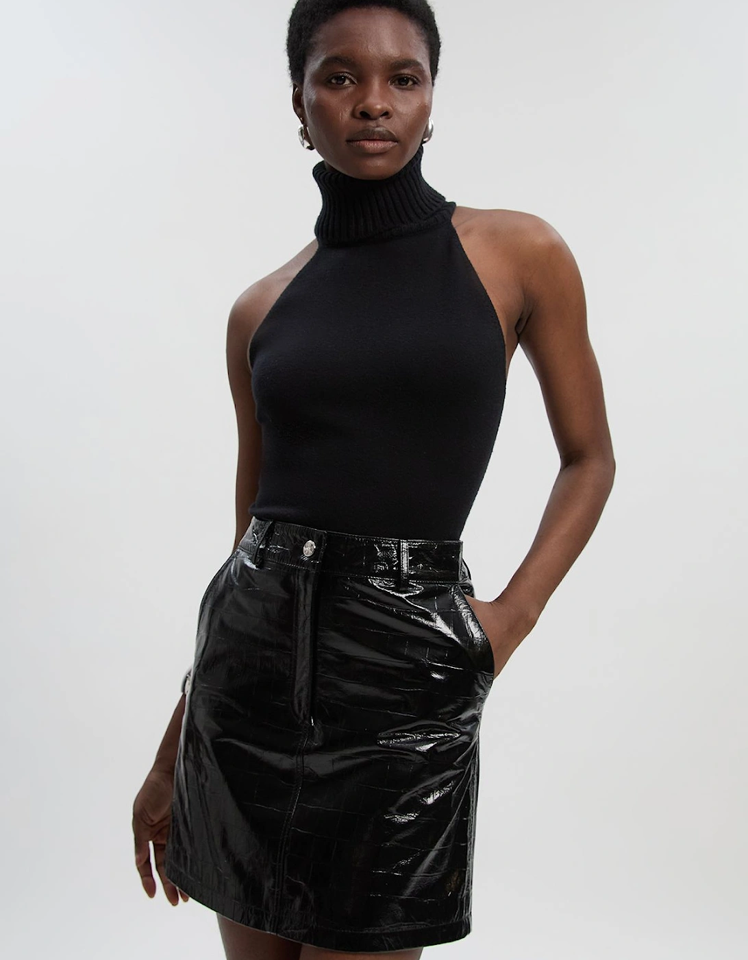 High Shine Croc Embossed Leather Mini Skirt, 2 of 1