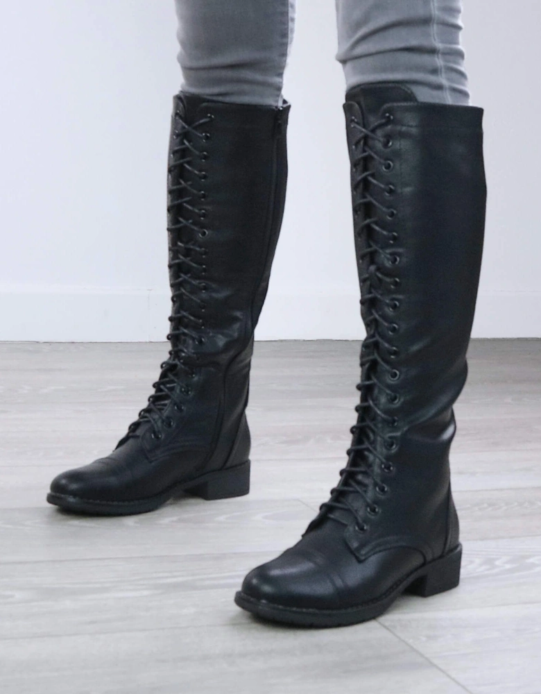 Low  Heel Biker Lace Up  Knee High Boots