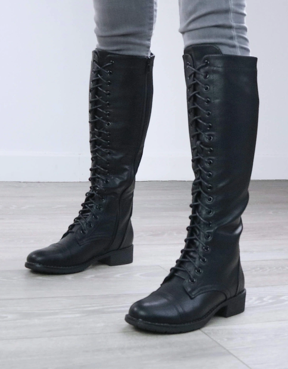 Low  Heel Biker Lace Up  Knee High Boots, 2 of 1