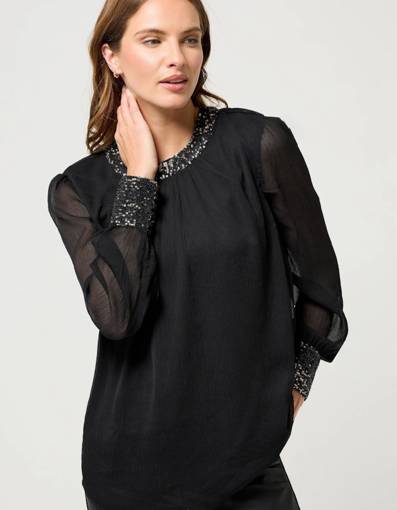 Sequin Trim Long Sleeve Blouse