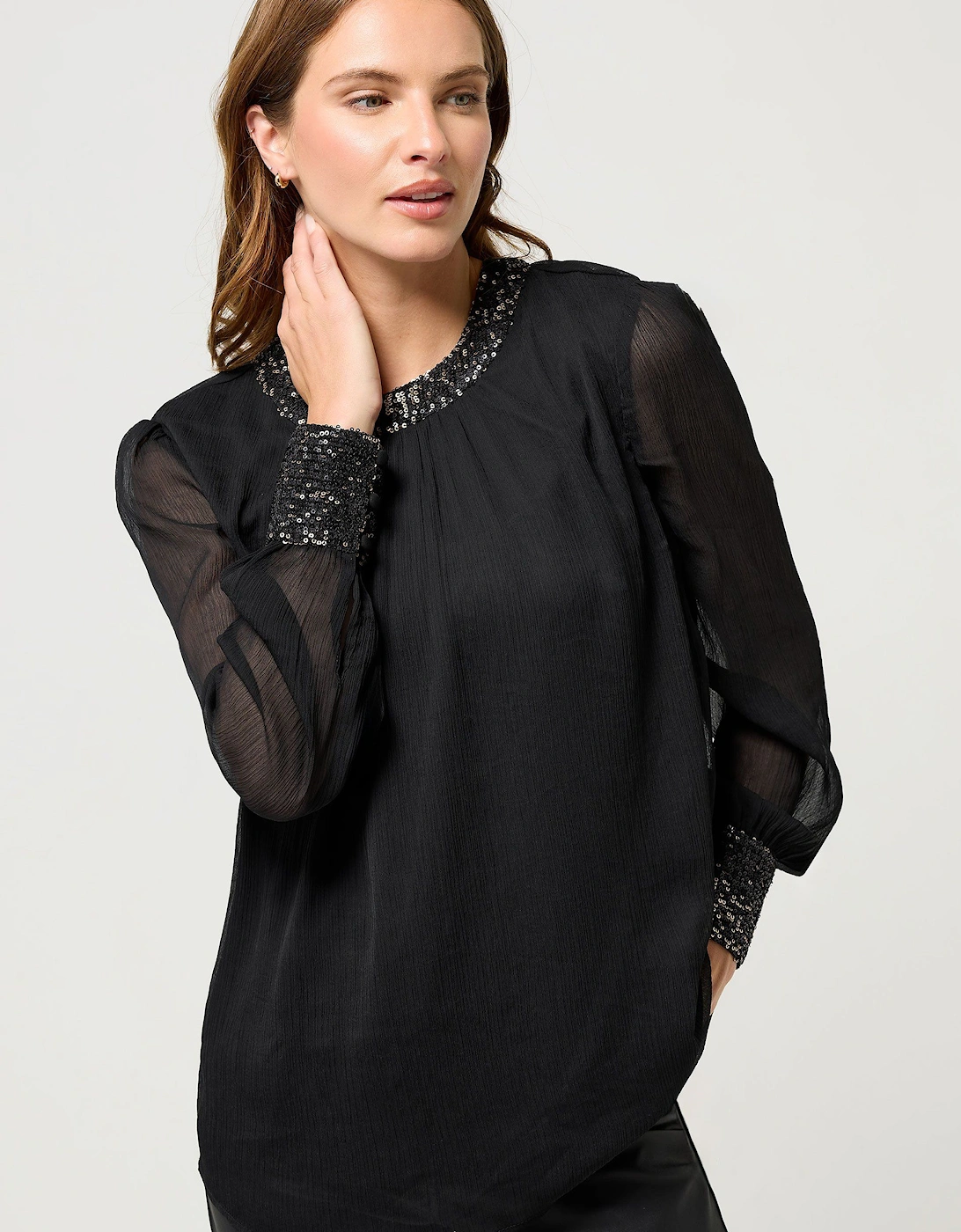 Sequin Trim Long Sleeve Blouse, 2 of 1