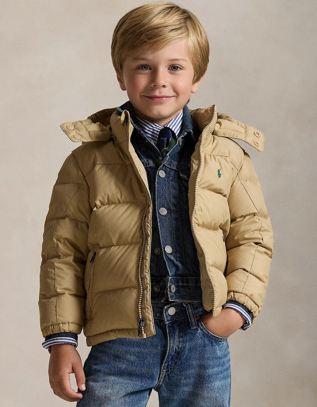 Boys Down Padded Puffer Jacket in Beige