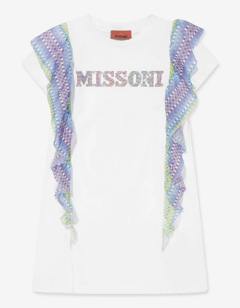 Girls Zigzag Ruffle Jersey Dress in White