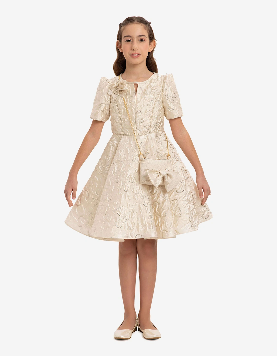 Girls Elegant Dress with Matching Bag in Beige, 7 of 6