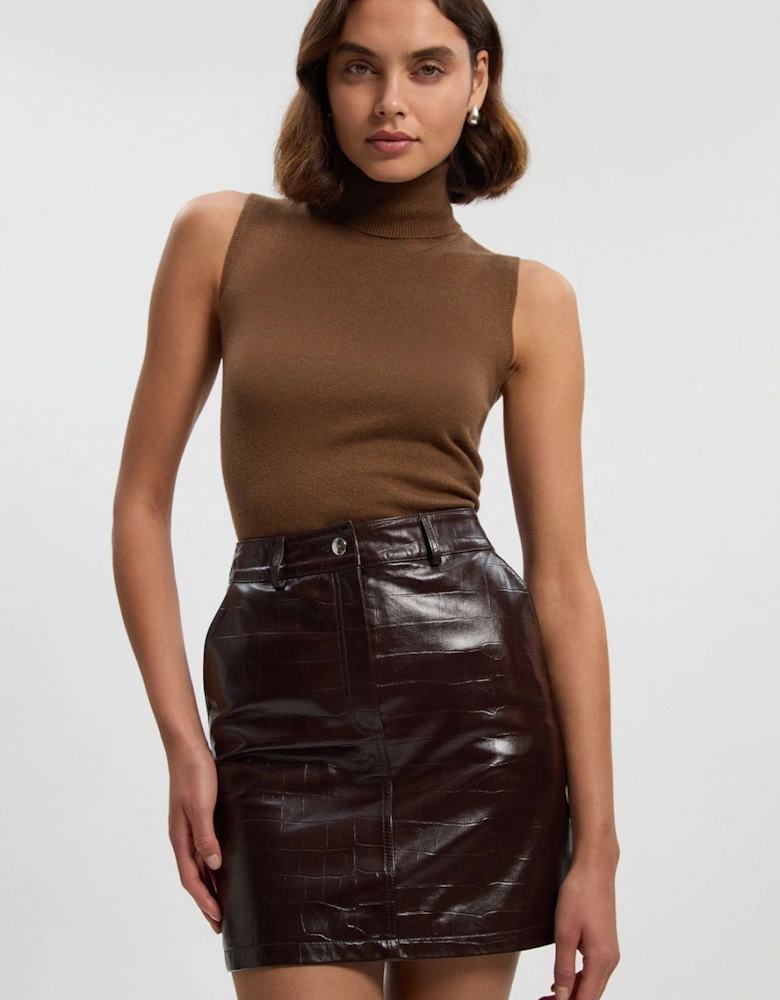 High Shine Croc Embossed Leather Mini Skirt
