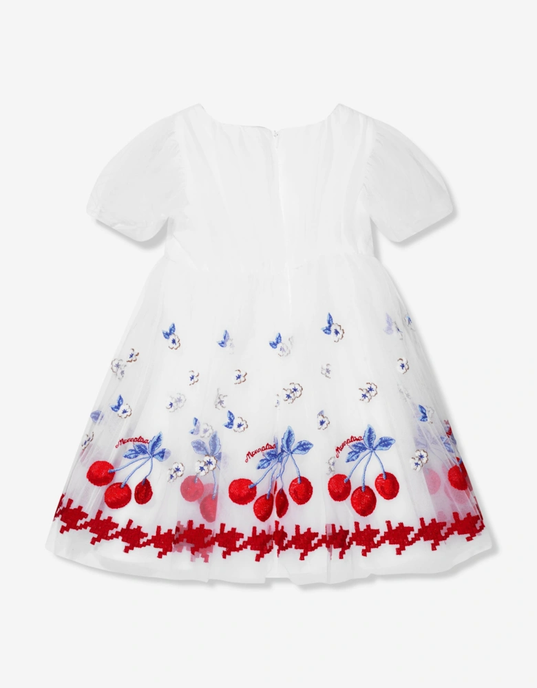 Girls Embroidered Cherry Tulle Dress In White
