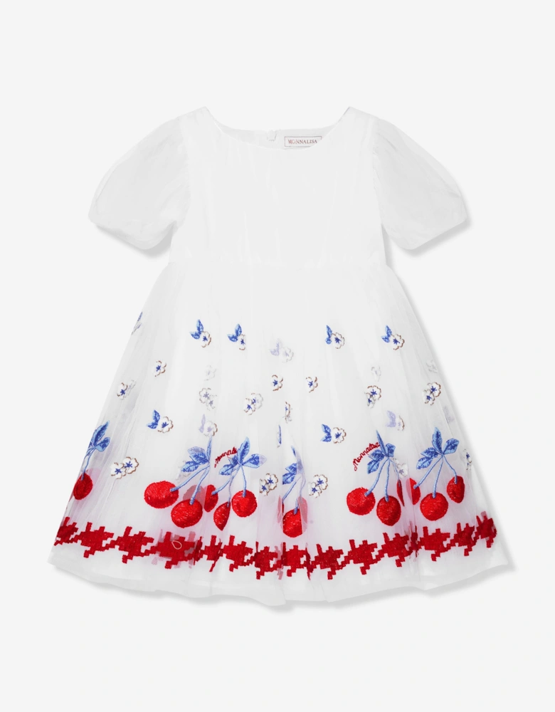 Girls Embroidered Cherry Tulle Dress In White