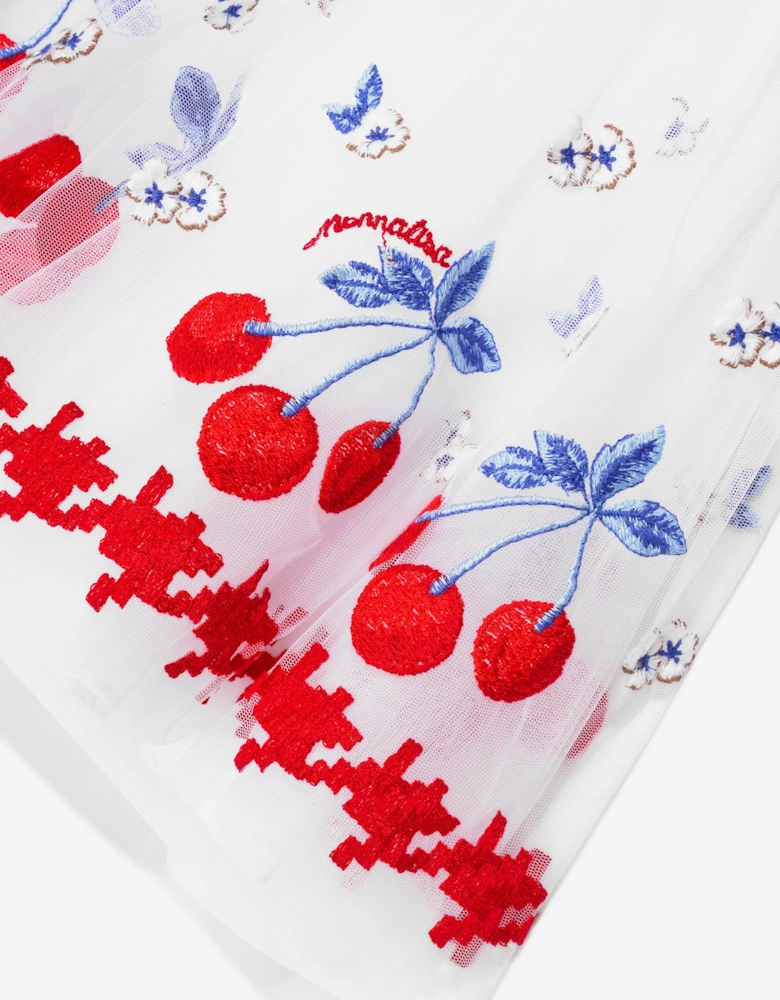 Girls Embroidered Cherry Tulle Dress In White