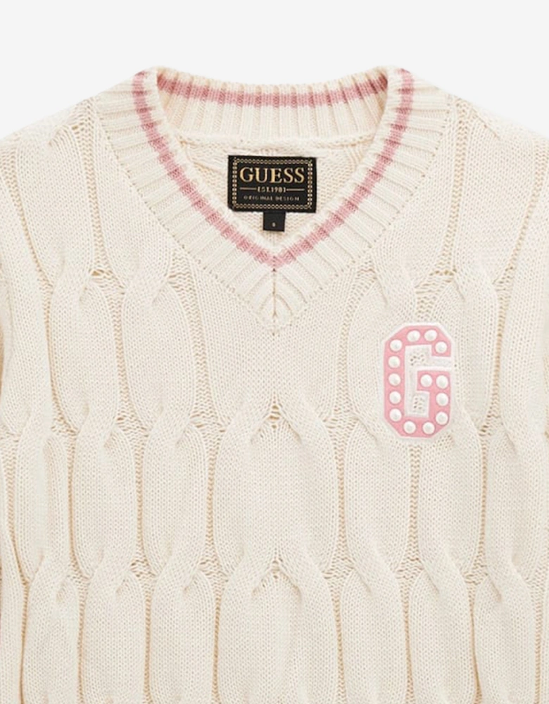 Girls Knitted Logo Dress in Ivory