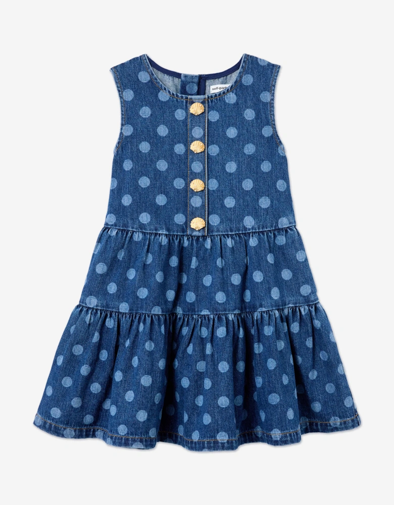 Girls Polka Dot Denim Dress in Blue