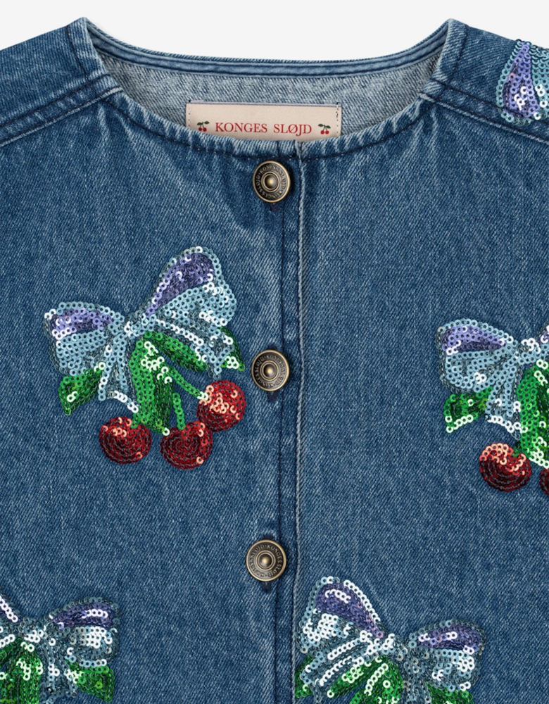 Girls Magot Sequin Cherry Denim Jacket in Blue