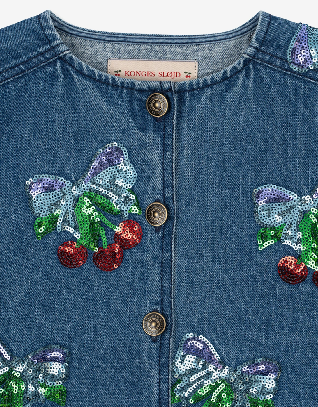 Girls Magot Sequin Cherry Denim Jacket in Blue