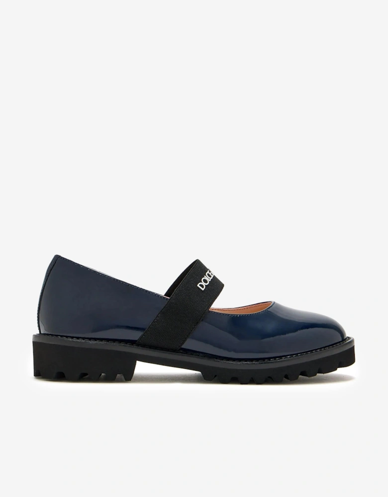 Girls Patent Leather Logo Shoes in Navy