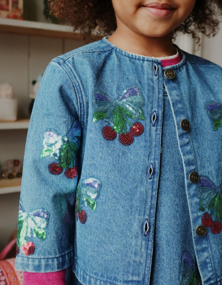 Girls Magot Sequin Cherry Denim Jacket in Blue