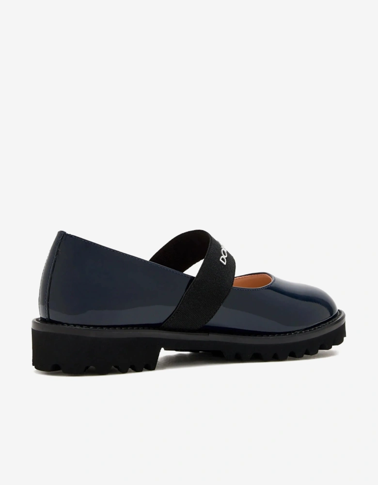 Girls Patent Leather Logo Shoes in Navy