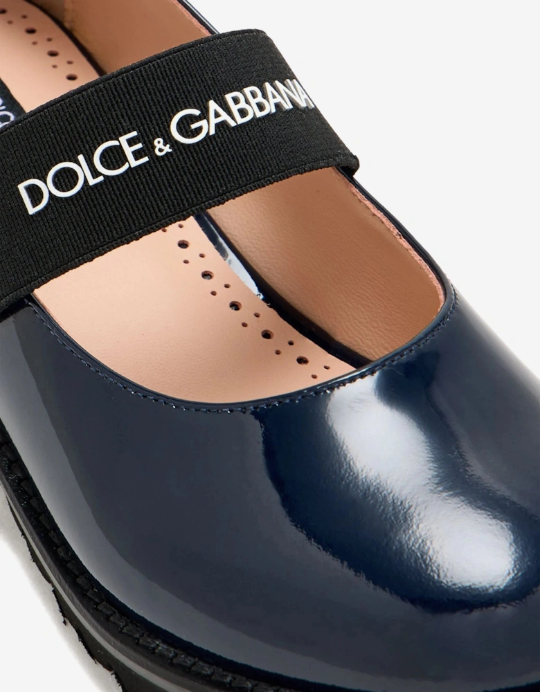 Girls Patent Leather Logo Shoes in Navy