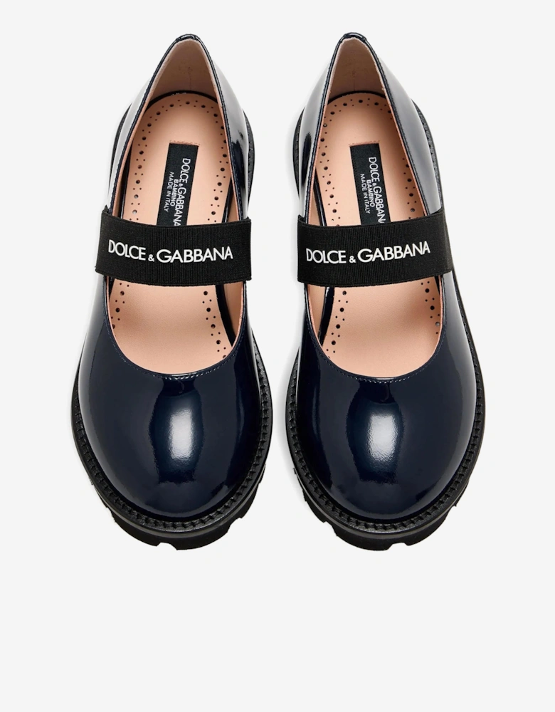 Girls Patent Leather Logo Shoes in Navy