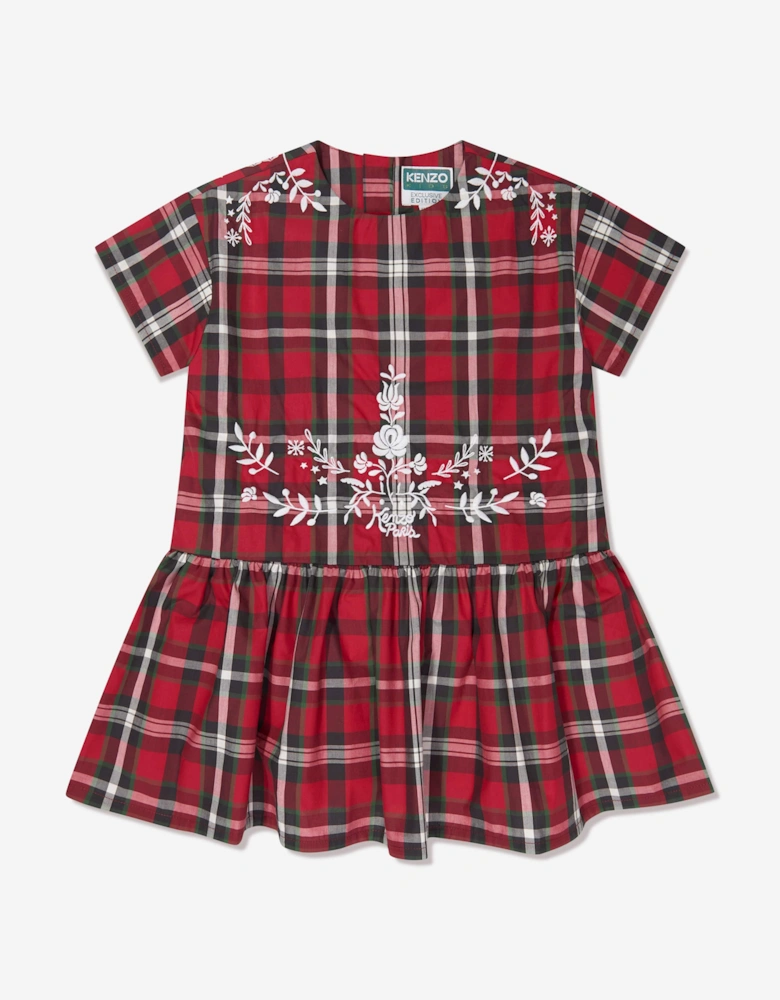 Girls Checked Embroidered Dress in Red