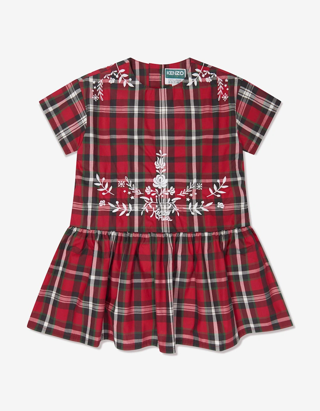 Girls Checked Embroidered Dress in Red, 5 of 4