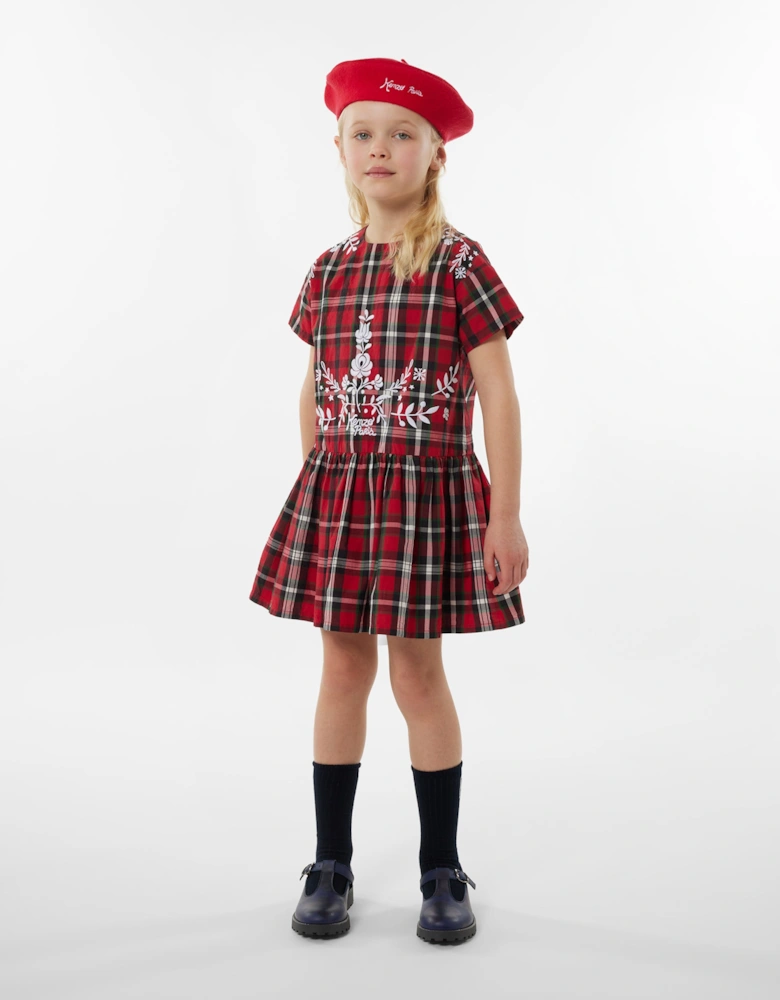 Girls Checked Embroidered Dress in Red