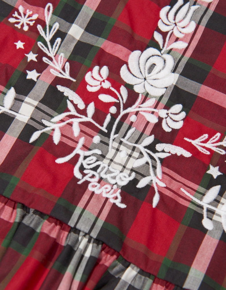 Girls Checked Embroidered Dress in Red
