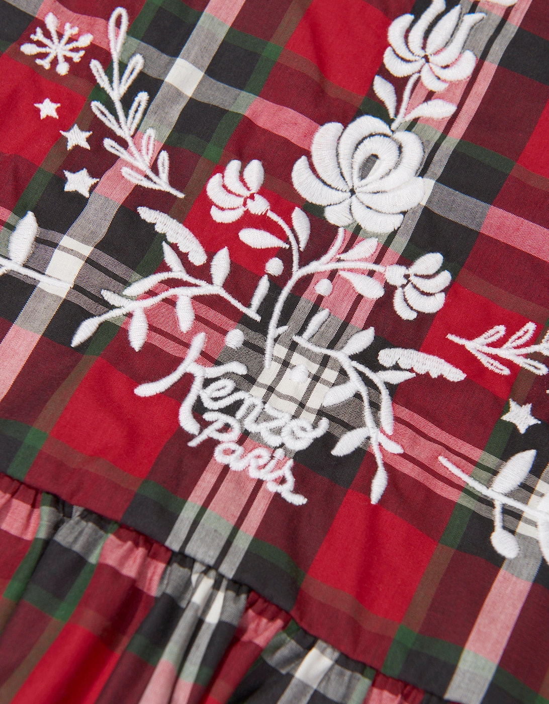 Girls Checked Embroidered Dress in Red