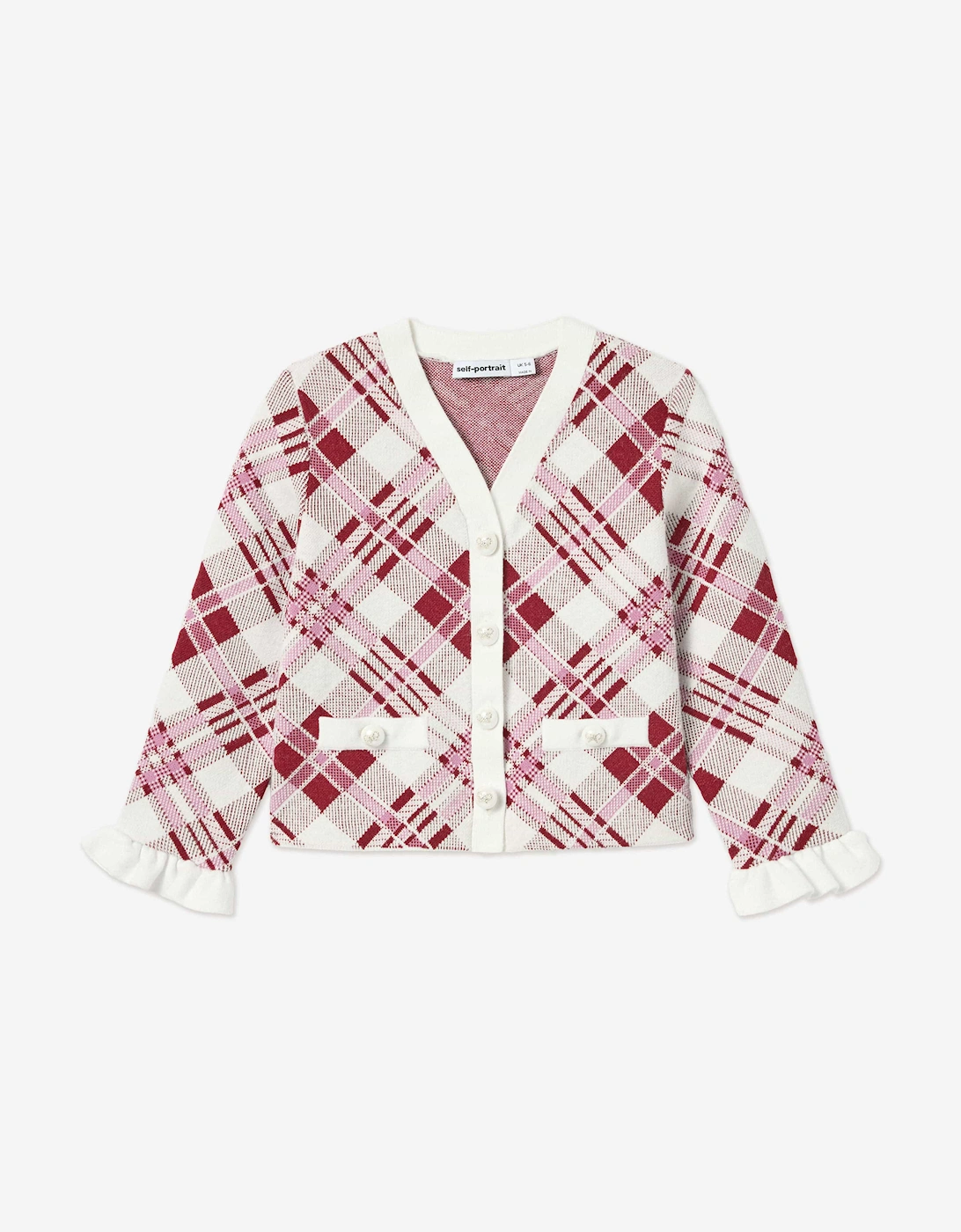 Girl's Self Portrait Girls Check Knit Cardigan in Red - Size: 6 years/7 years