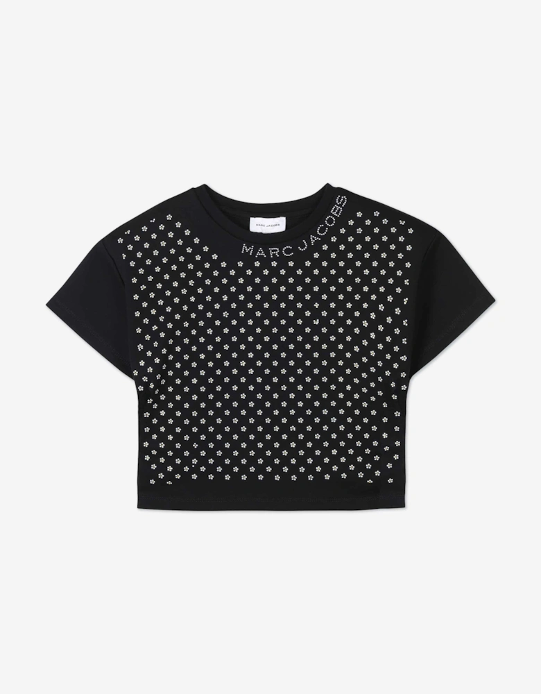 Girls Diamante Daisy Crop Top in Black