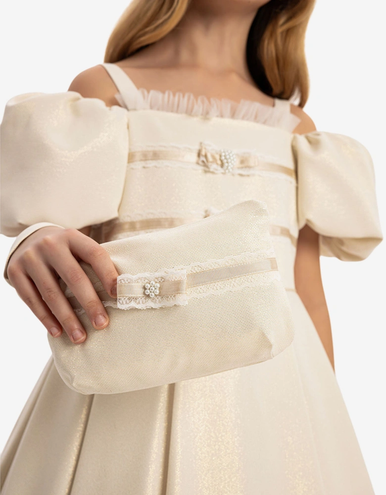 Girls Puff Sleeve Dress with Bag in Beige