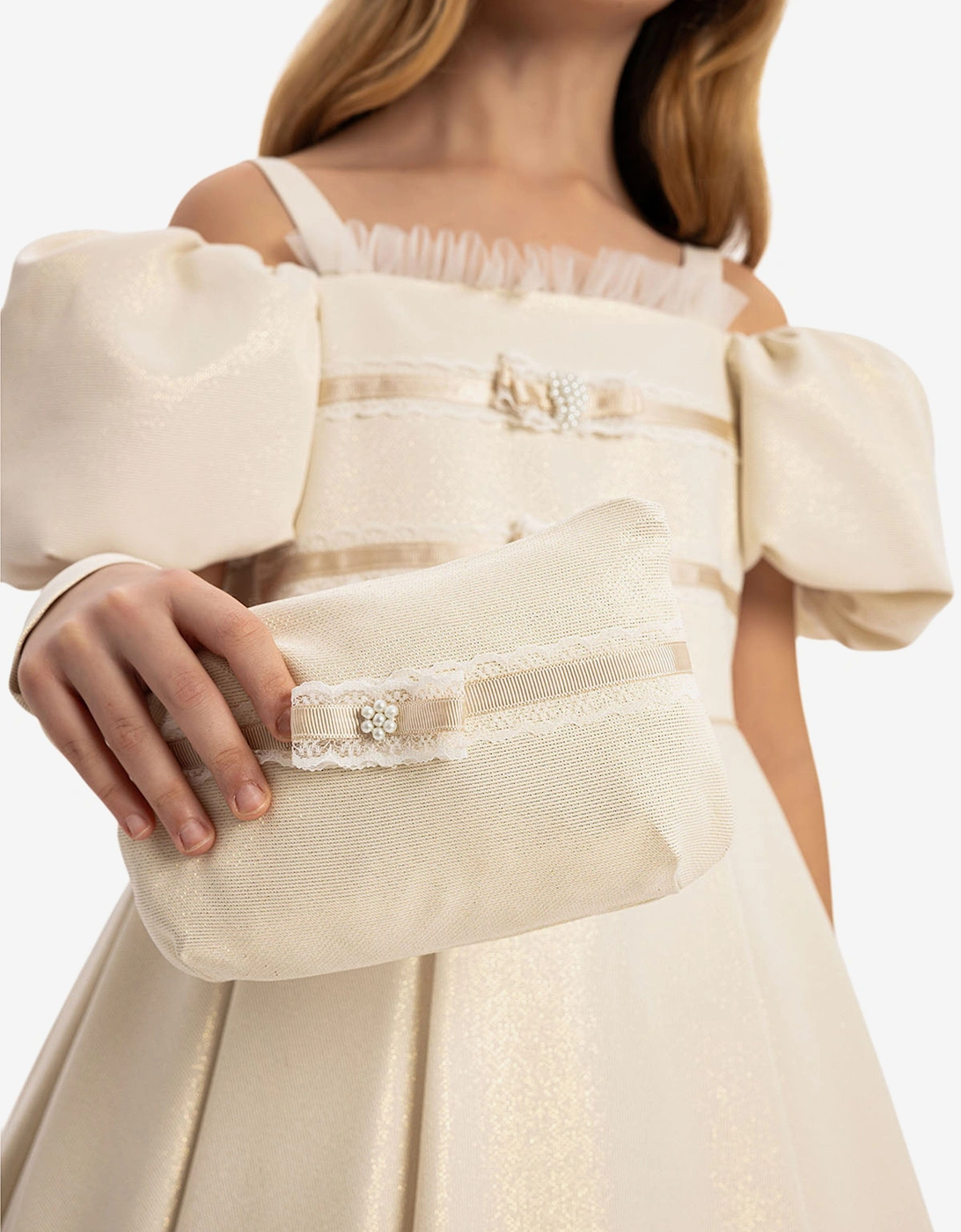 Girls Puff Sleeve Dress with Bag in Beige