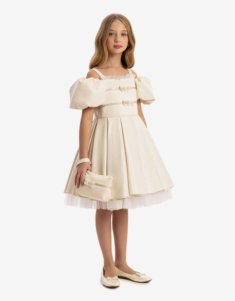 Girls Puff Sleeve Dress with Bag in Beige