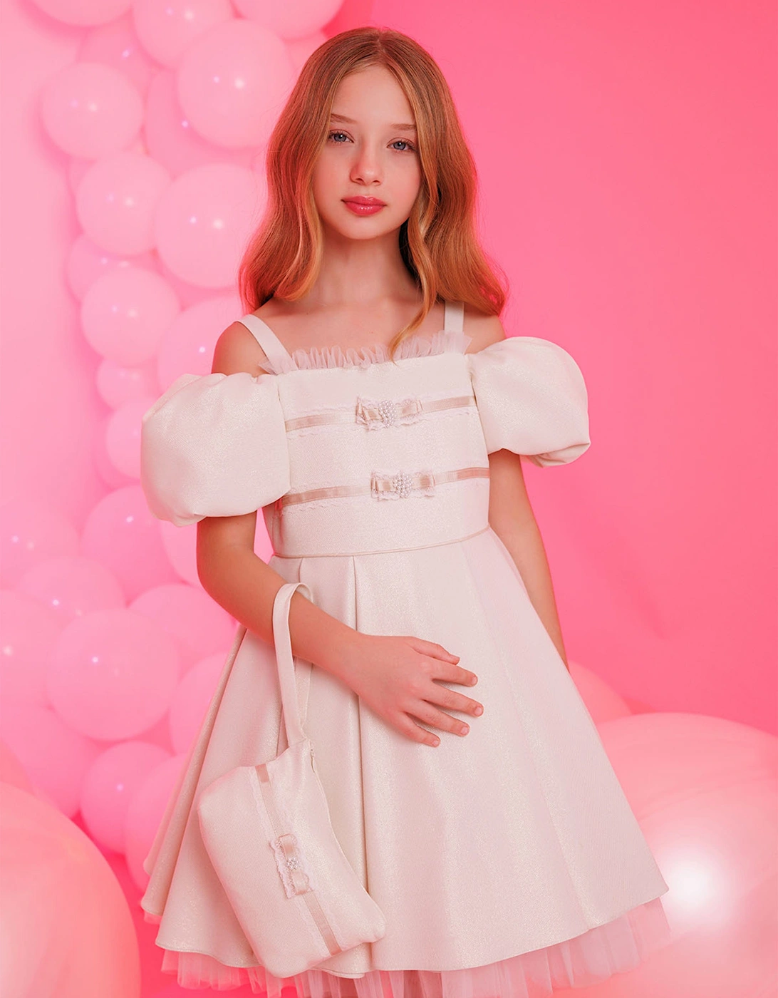 Girls Puff Sleeve Dress with Bag in Beige