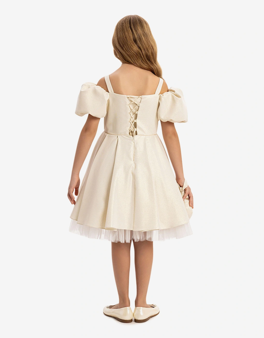 Girls Puff Sleeve Dress with Bag in Beige