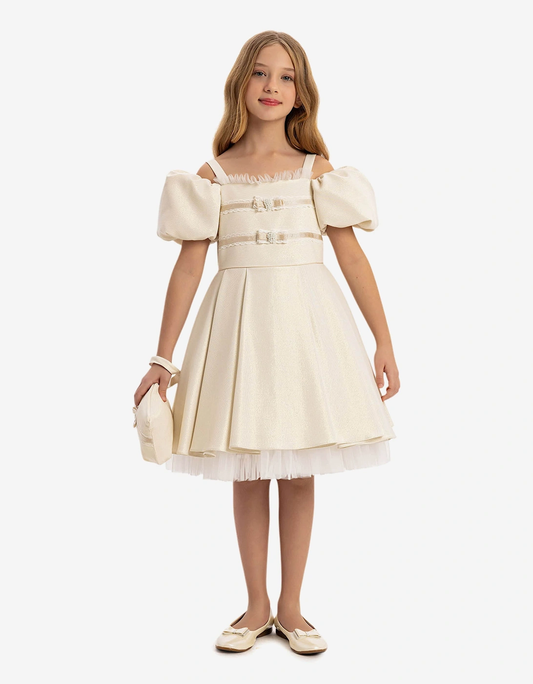 Girls Puff Sleeve Dress with Bag in Beige, 7 of 6