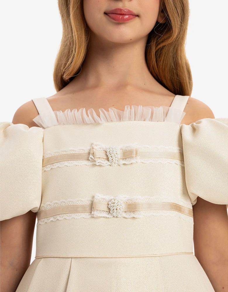 Girls Puff Sleeve Dress with Bag in Beige