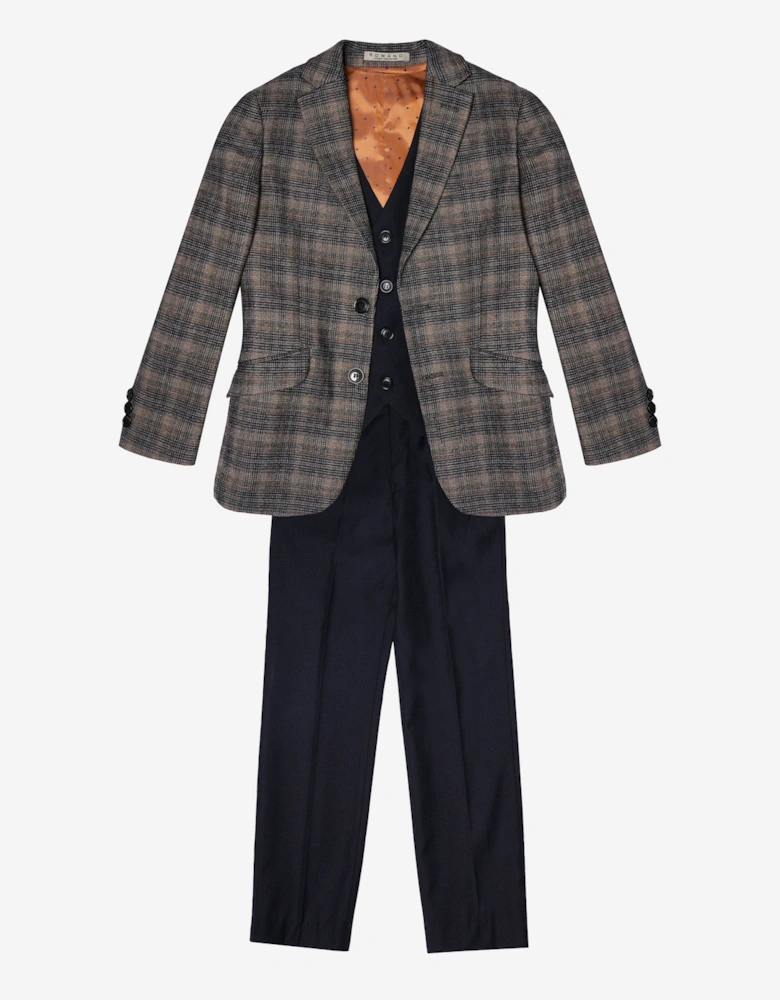 Romano Boys Check 3 Piece Suit in Brown