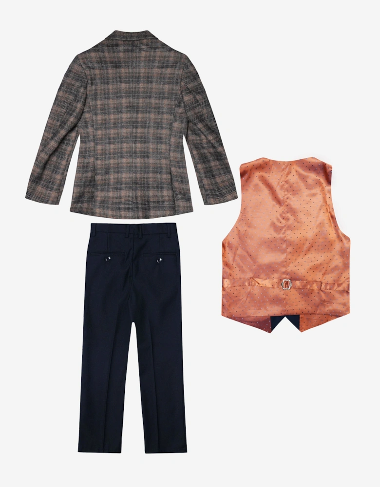 Romano Boys Check 3 Piece Suit in Brown